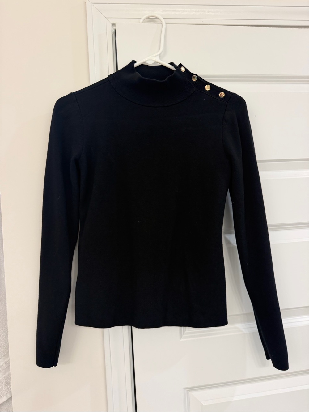 Ann Taylor Black Long-Sleeve Mock Neck Top with Gold Shoulder Buttons